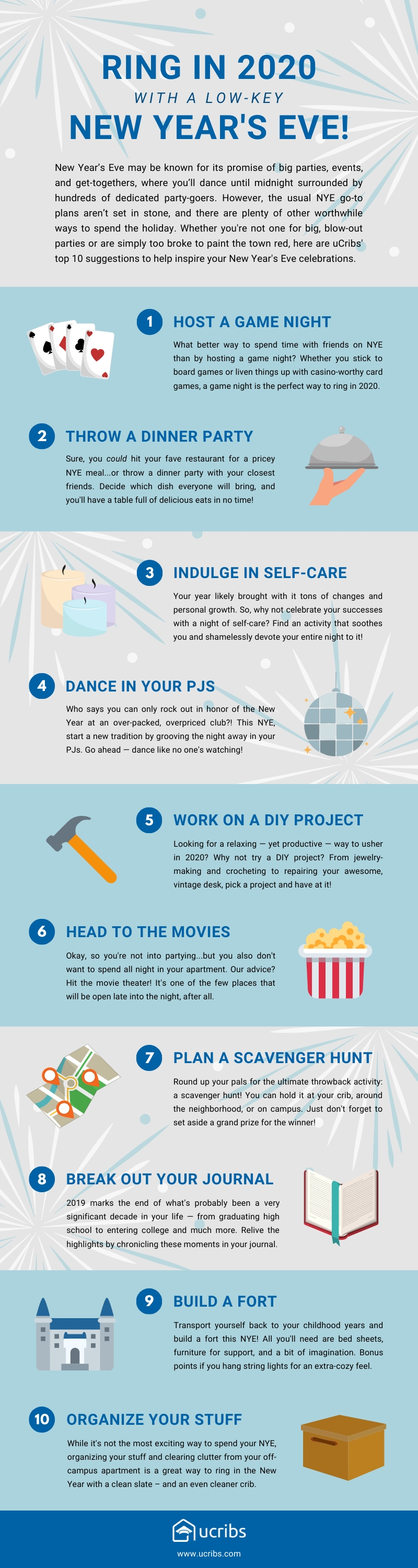infographic, new year's eve, new year's day, nye, ideas, party, low-key, relaxing